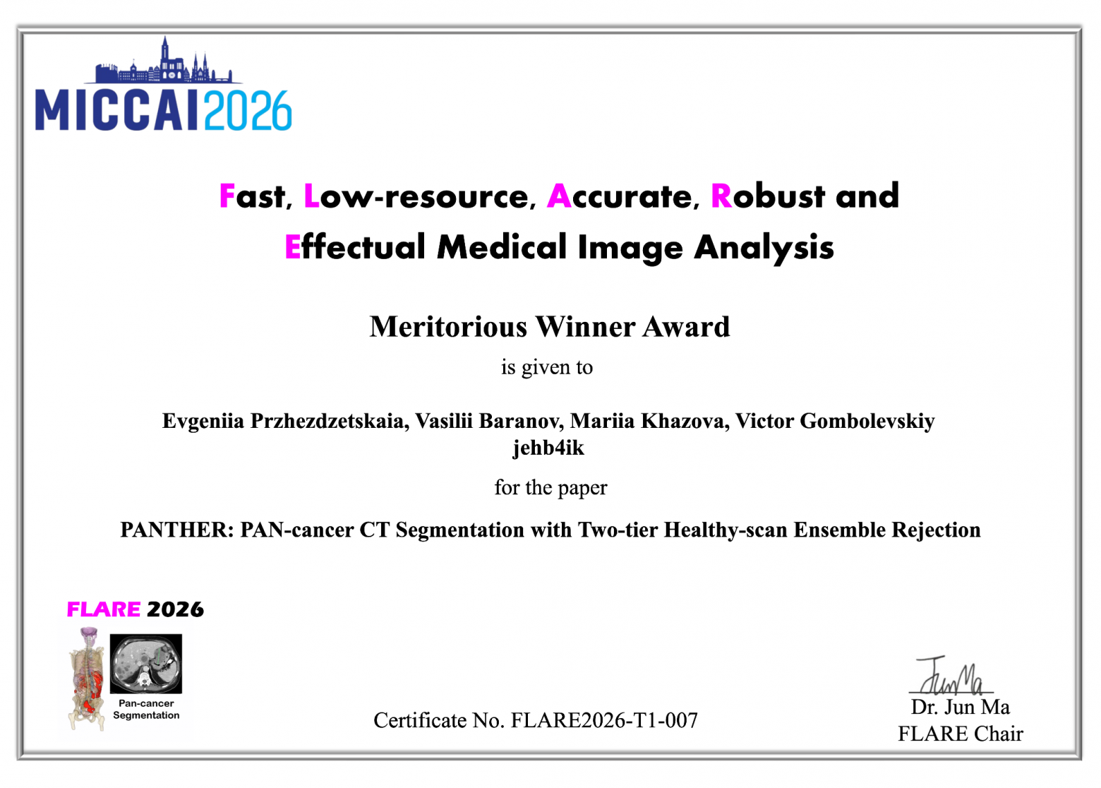 Рис. 3: Сертификат FLARE 2026 за работу «PANTHER: PAN-cancer CT Segmentation with Two-tier Healthy-scan Ensemble Rejection».